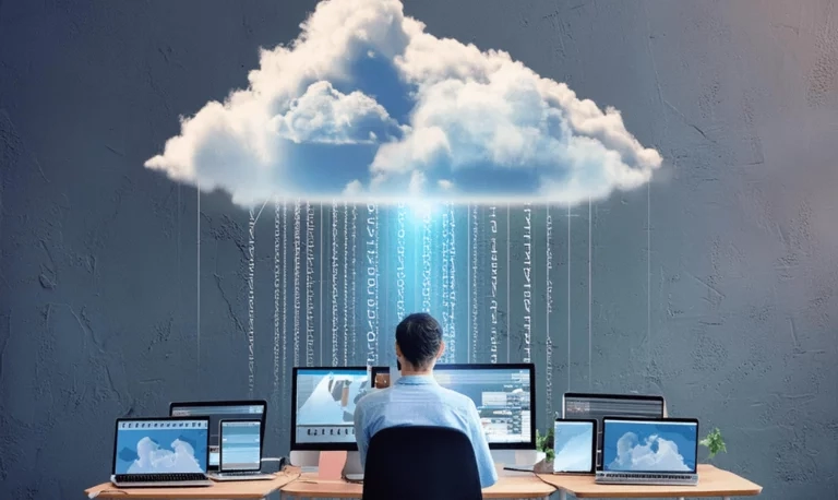 woman sitting in front of computers and cloud above